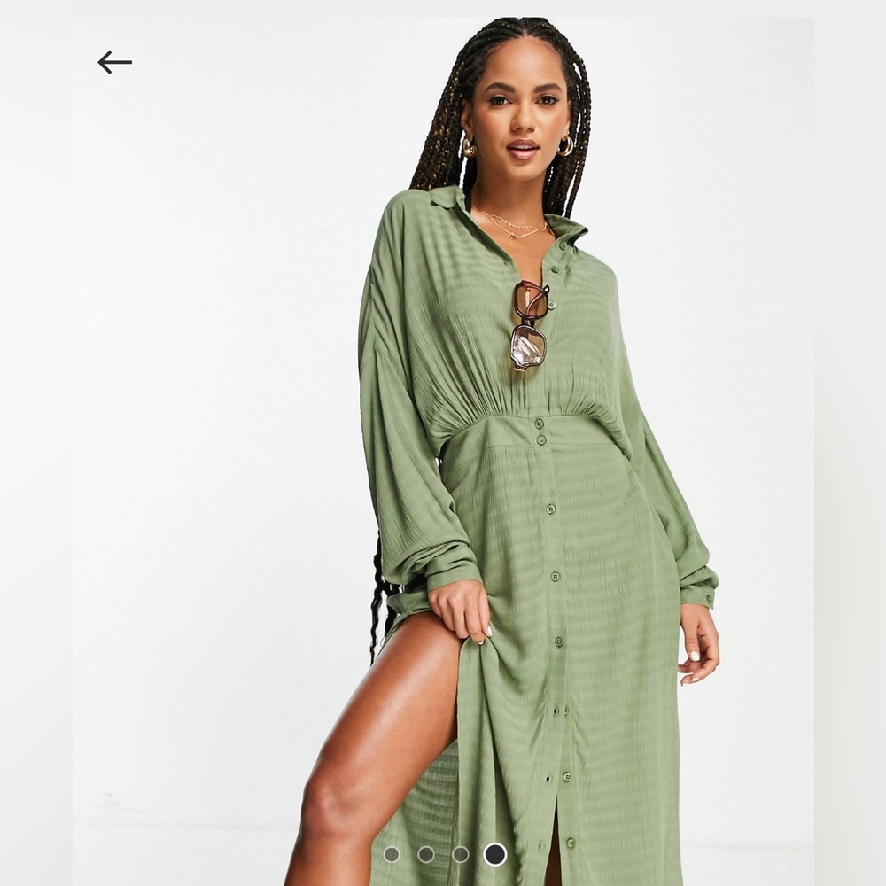 ASOS DESIGN button front maxi beach shirt dress in textured khaki